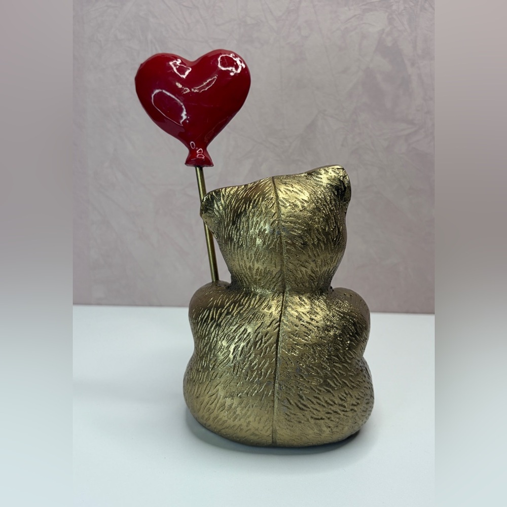 Gold Bear with Red Heart Balloon Figurine - Picture 5 of 13